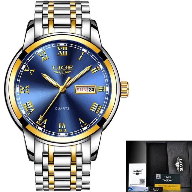 Gold blue S_Gold Men Watch Waterproof Stainless Steel with date week Quartz Watches Men's Luxury Bus