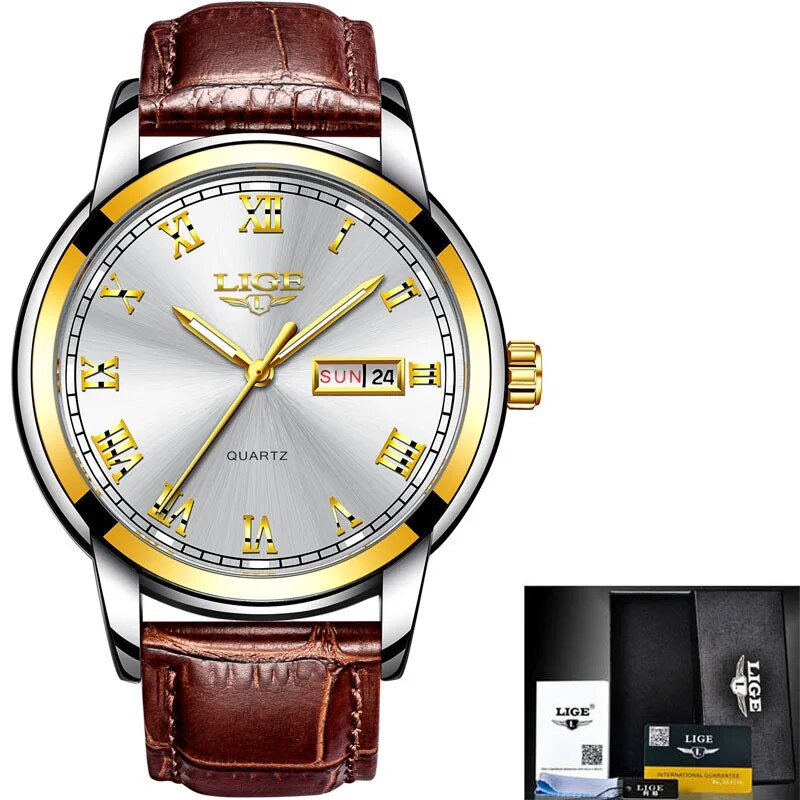 Gold white L_Gold Men Watch Waterproof Stainless Steel with date week Quartz Watches Men's Luxury Bu