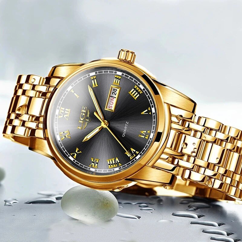 Ivory_Gold Men Watch Waterproof Stainless Steel with date week Quartz Watches Men's Luxury Business 