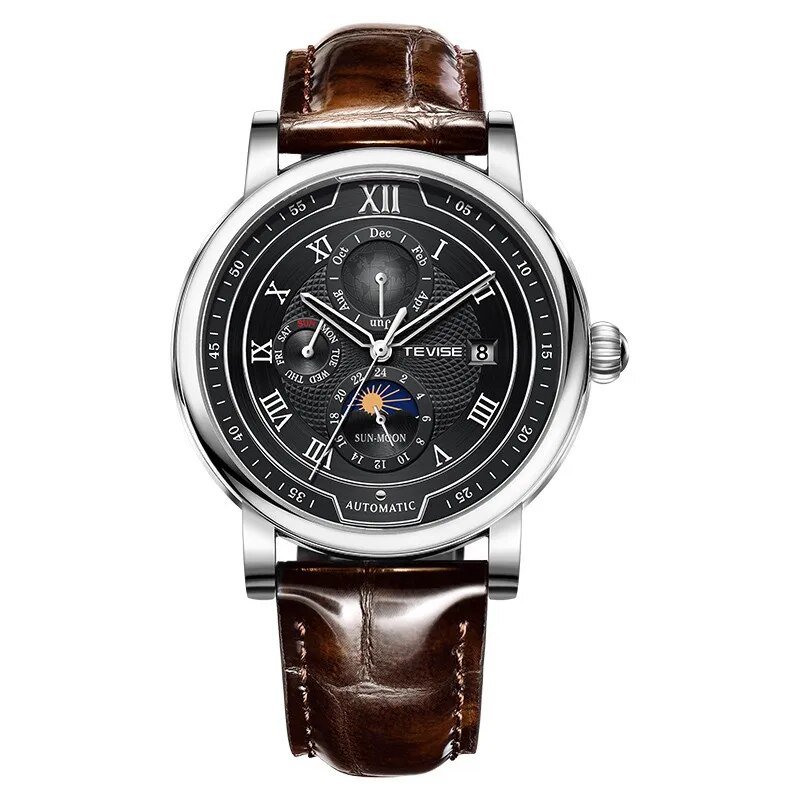 Silver black_2022 TEVISE Top Brand Luxury Leather Watch For Men Business Waterproof Mens Mechanical 
