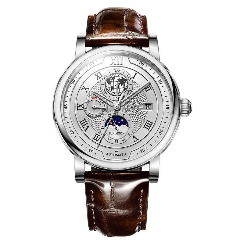 Silver white_2022 TEVISE Top Brand Luxury Leather Watch For Men Business Waterproof Mens Mechanical 