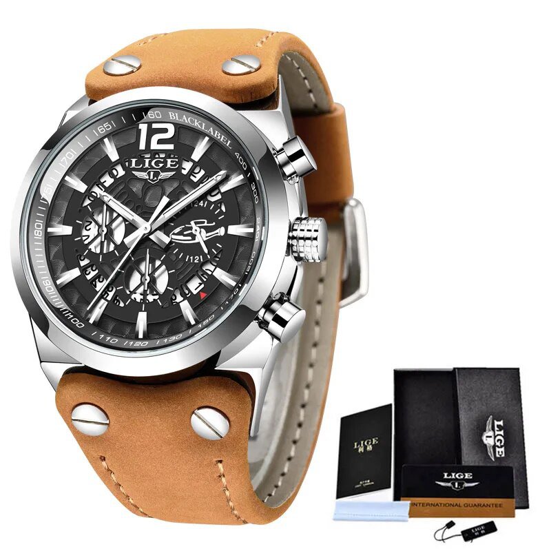 Black silver_Arrival Men Watches Brand Luxury Leather Waterproof Sport Quartz Chronograph Military W