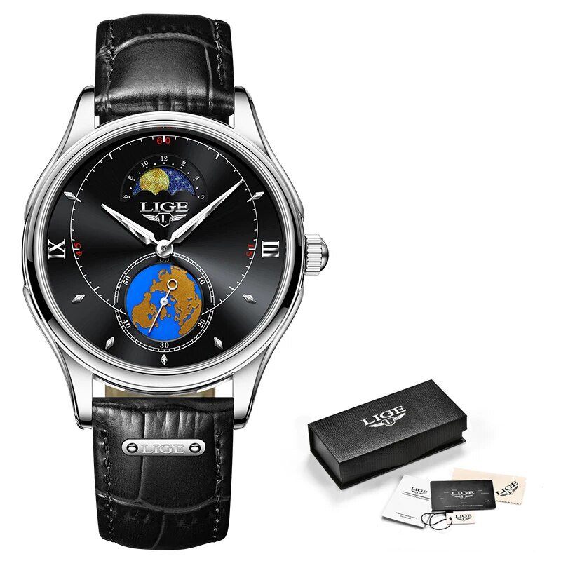Silver black_2021  Fashion Leather Mens Watches Top Brand Luxury Quartz Gold Watch For Men Sport Wat