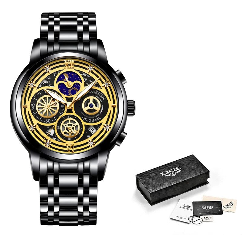 all black_2022   Sport Men Watch Top Brand Luxury Gold Stainless Steel Quartz Wrsit Watch Men Fashio
