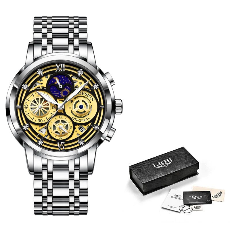 silver black_2022   Sport Men Watch Top Brand Luxury Gold Stainless Steel Quartz Wrsit Watch Men Fas