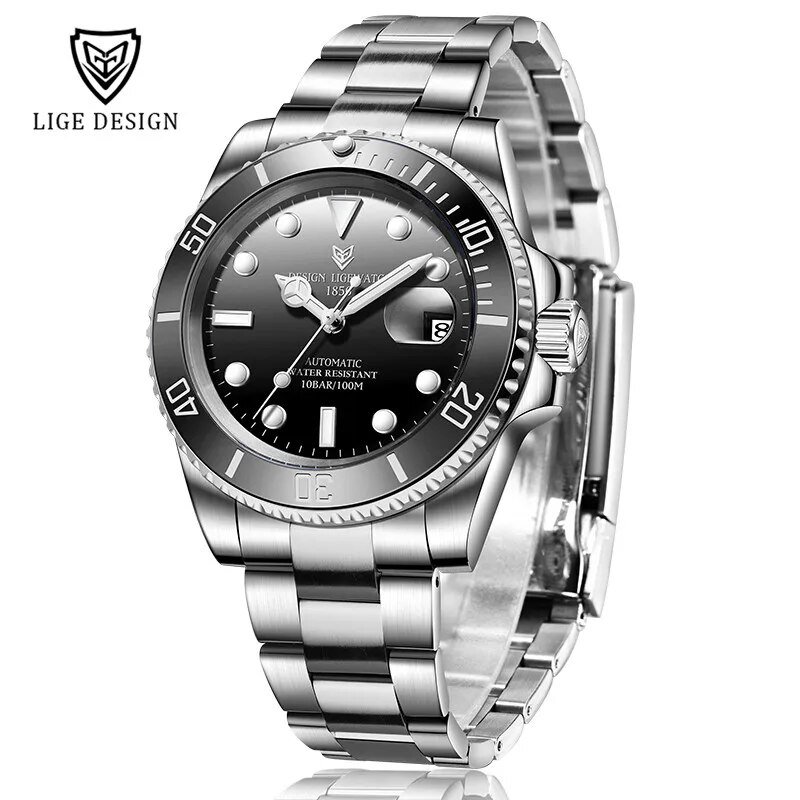 Silver black_2021  Men Mechanical Wristwatch Stainless Steel Clocks Watch Top Brand Luxury Military 