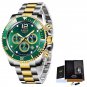 Gold green_Fashion Black Gold Clock Top Brand Luxury Stainless Steel Waterproof Quartz Watches Men S