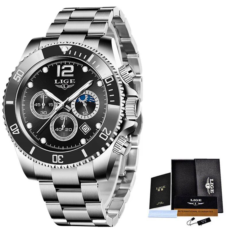 Silver black_Fashion Black Gold Clock Top Brand Luxury Stainless Steel Waterproof Quartz Watches Men