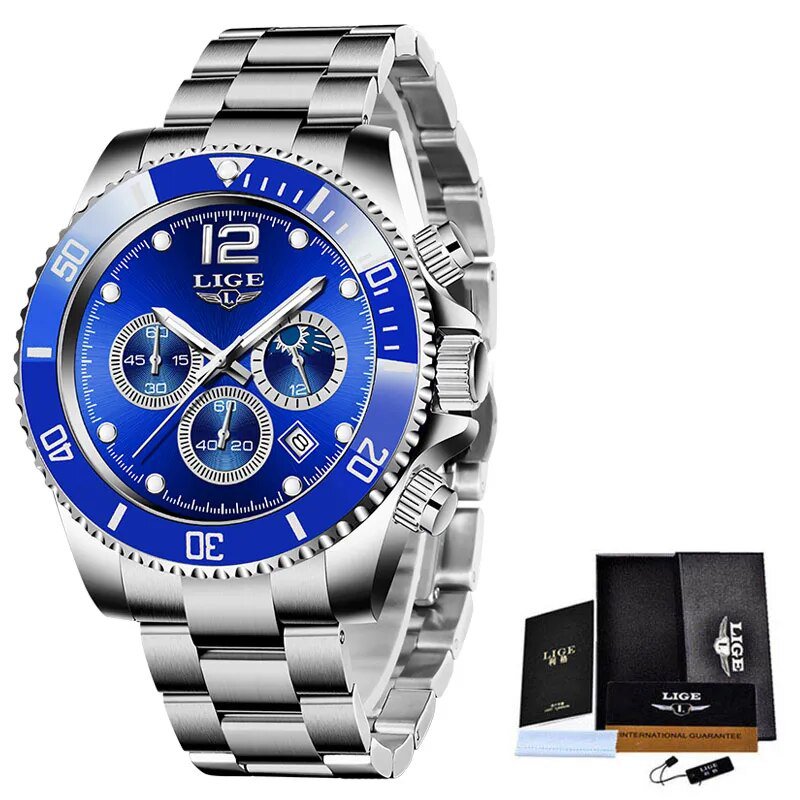 Silver blue_Fashion Black Gold Clock Top Brand Luxury Stainless Steel Waterproof Quartz Watches Men 