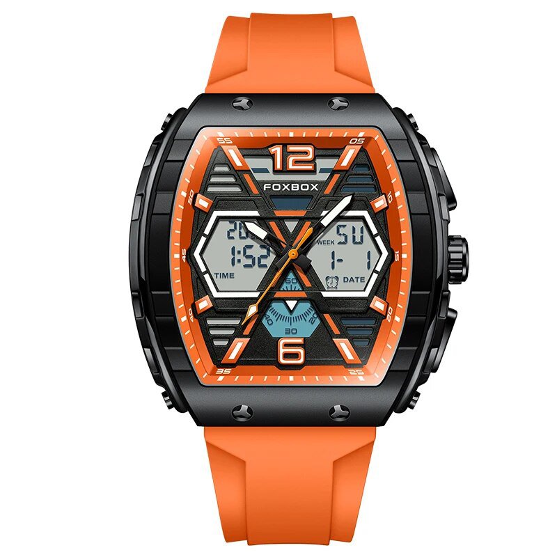 orange_Fox Digital Men Military Watch 50m Waterproof Wristwatch LED Quartz Clock Sport Watch Male Bi