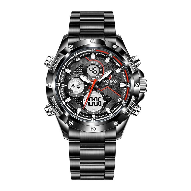 All black_Luxury Brand Fox Digital Sport Watch For Men Steel Band Waterproof Chronograph Alarm Clock
