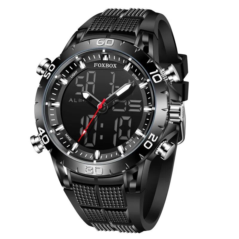 Black_Luxury Brand Fox Digital Sport Watch For Men Steel Band Waterproof Chronograph Alarm Clock Lum
