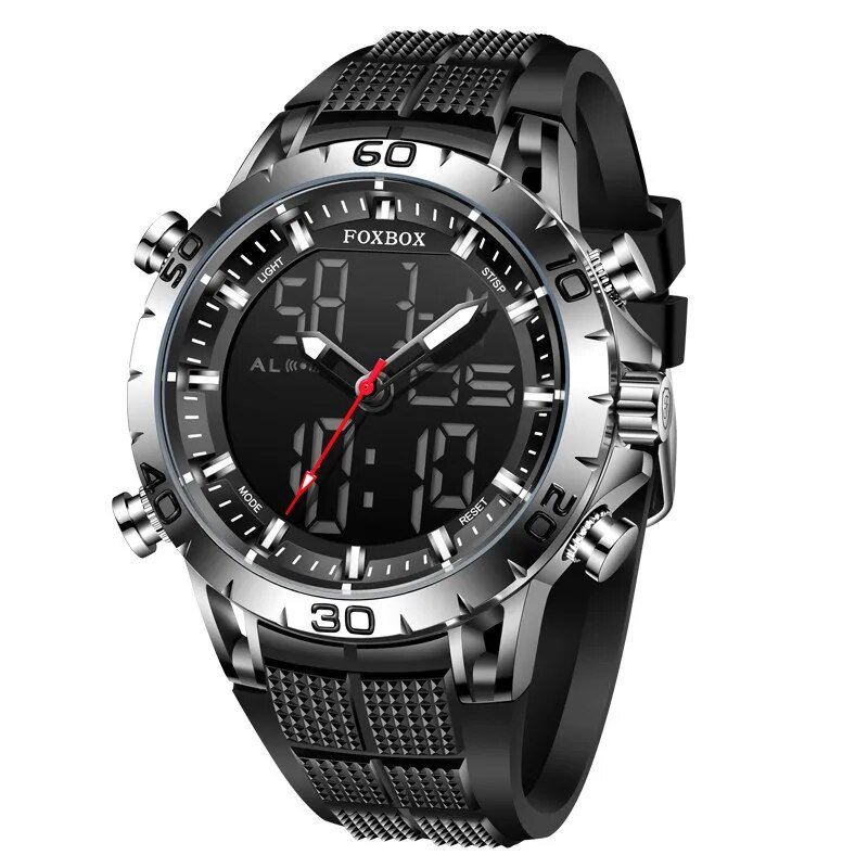 Silver black_Luxury Brand Fox Digital Sport Watch For Men Steel Band Waterproof Chronograph Alarm Cl
