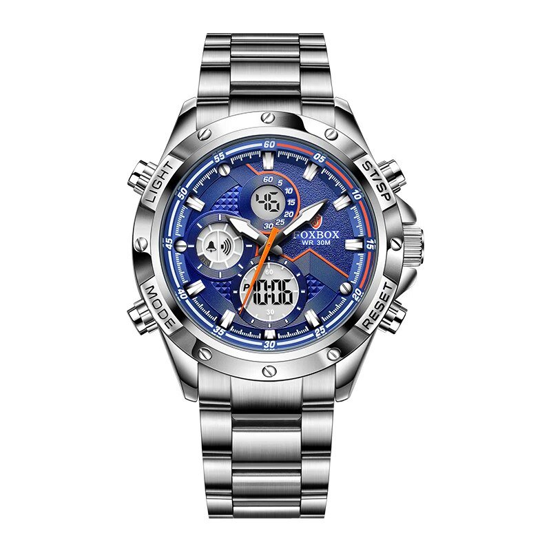 Silver blue_Luxury Brand Fox Digital Sport Watch For Men Steel Band Waterproof Chronograph Alarm Clo