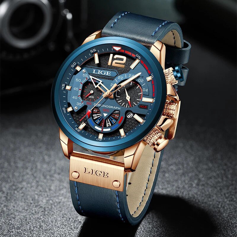 Gold black_2023  Blue Leather Mens Watches Top Brand Luxury Quartz Watch For Men Fashion  Clock Male