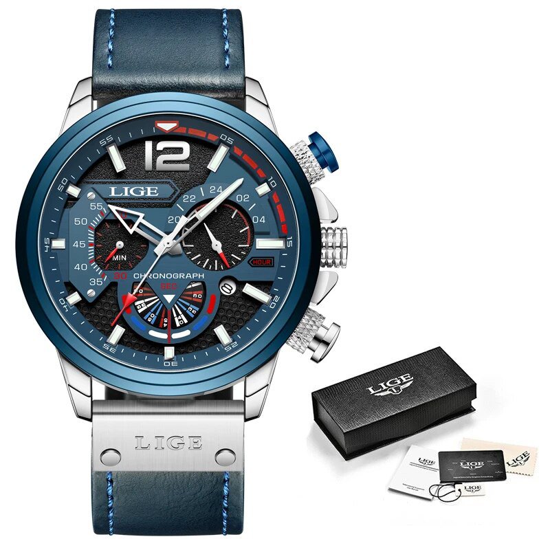 Silver blue_2023  Blue Leather Mens Watches Top Brand Luxury Quartz Watch For Men Fashion  Clock Mal