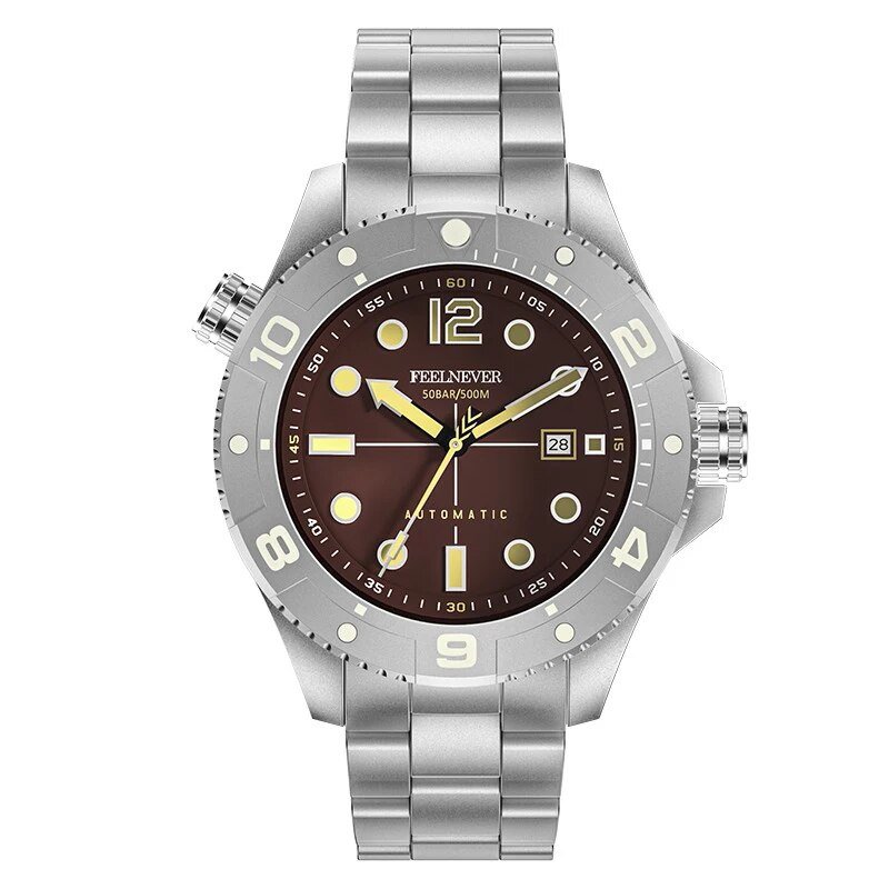 Silver brown_2023 FeelNever Sport Dive Men's Mechanical Watch For Men Stainless Steel Sapphire Cryst