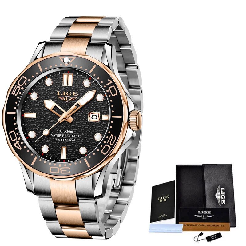 Rose gold black_2021  Top Brand Luxury Watch For Men Stainless Steel Waterproof Clock Sport Watches 