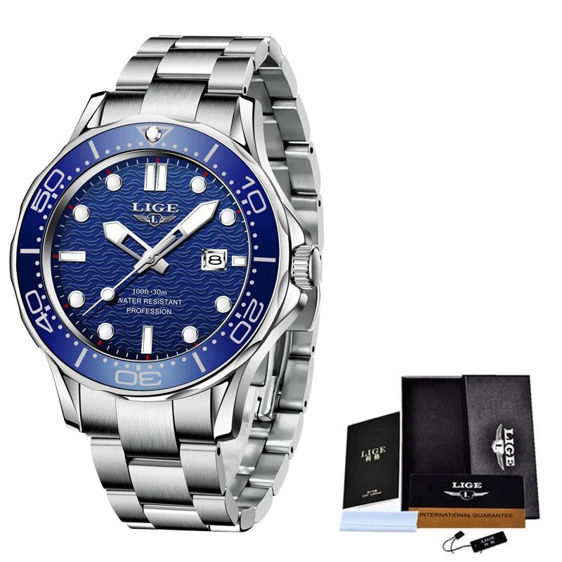 Silver blue_2021  Top Brand Luxury Watch For Men Stainless Steel Waterproof Clock Sport Watches Mens