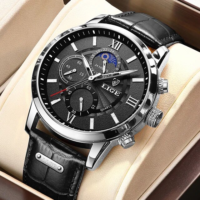 Silver black_2022  Watches Mens Top Brand Luxury Clock Casual Leathe 24Hour Moon Phase Men Watch Spo