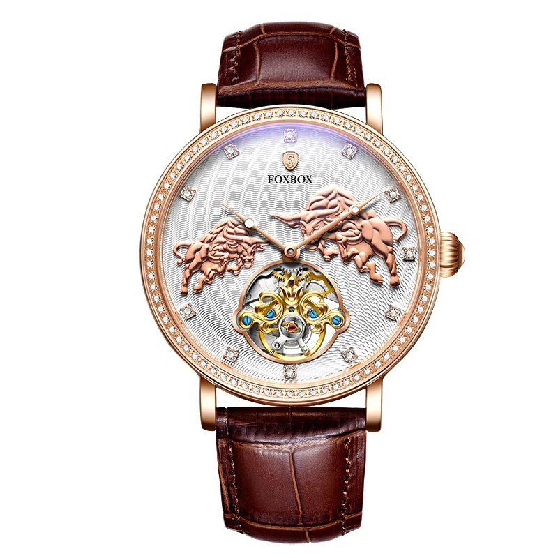 Coffee_FOX Brand 3D Bullfighting Classic Mens Retro Watches Automatic Mechanical Watch Genuine Leath
