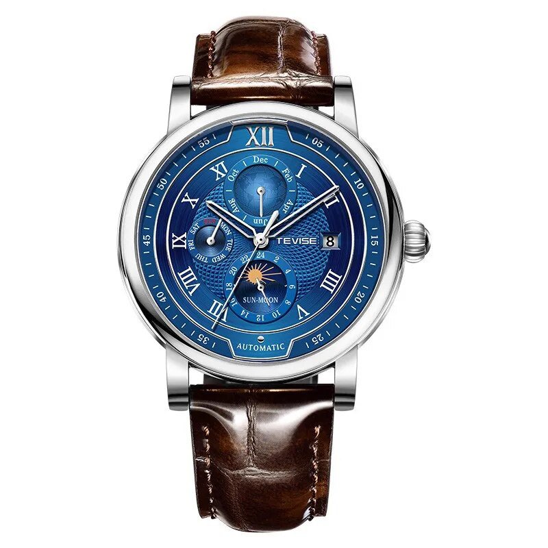 Silver blue_2023 TEVISE Business Waterproof Mens Mechanical Watches Top Brand Luxury Leather Watch F