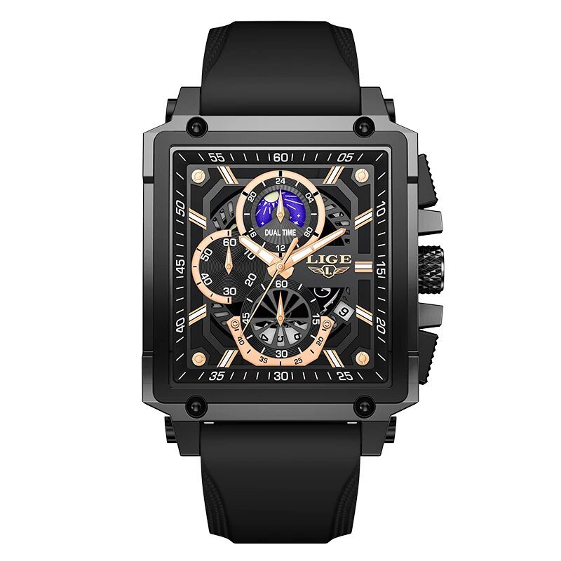 Black gold_Sport Chronograph Quartz Watch for Men Fashion Silicone Strap Square Dial Date Wristwatch