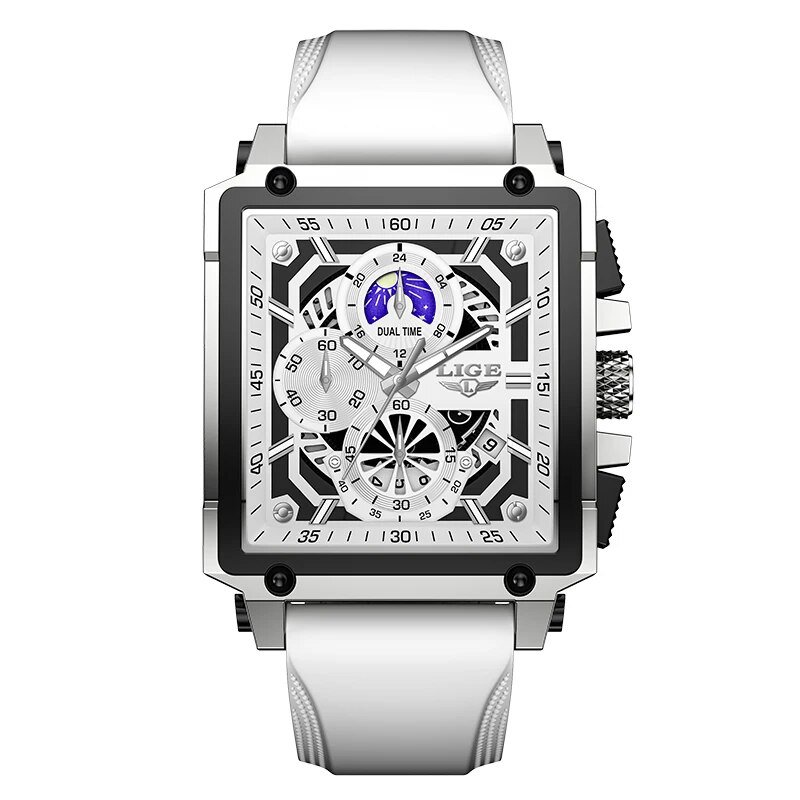 Silver white_Sport Chronograph Quartz Watch for Men Fashion Silicone Strap Square Dial Date Wristwat