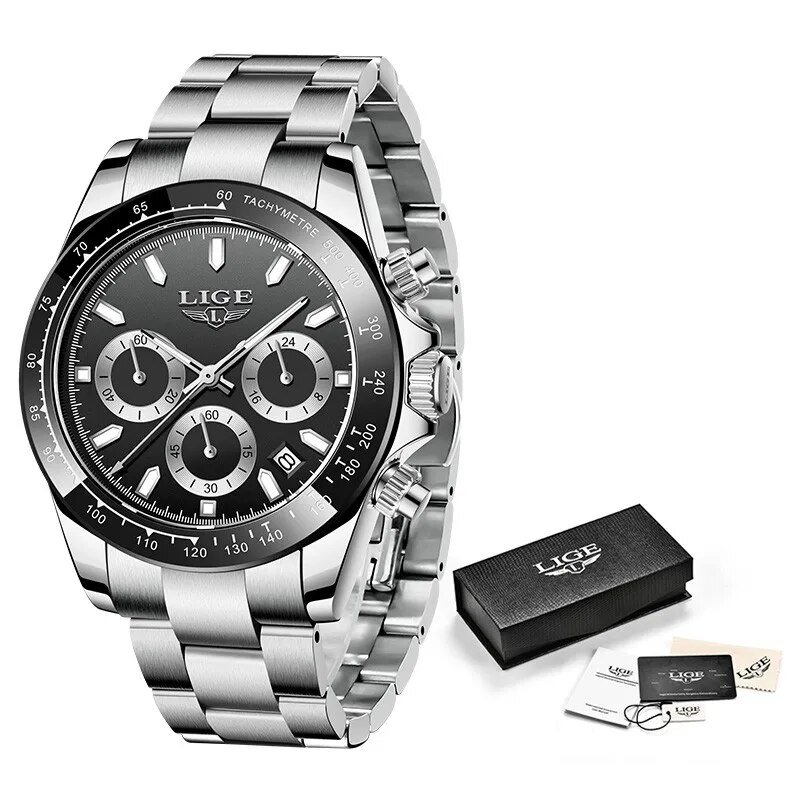 Silver black_Business Mens Watches Top Brand Luxury Watch For Men Stainless Steel Waterproof Quartz 