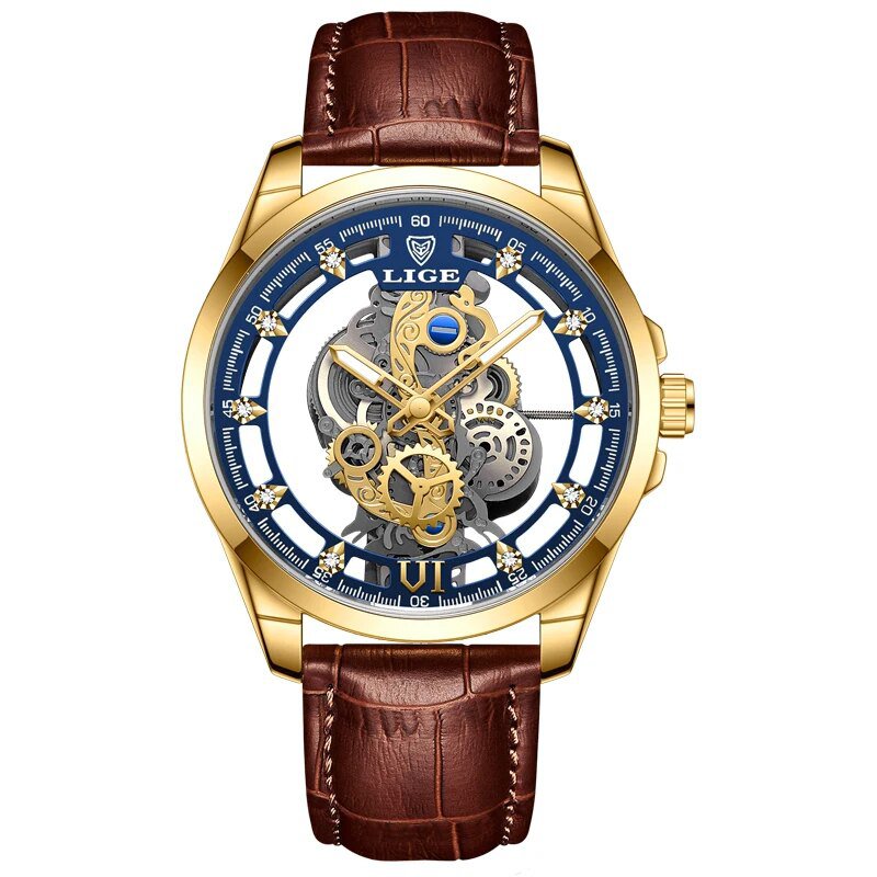 Gold blue L_2023  Men Watch Skeleton Automatic Quartz Watch Gold Skeleton Vintage Man Watch Mens Wat