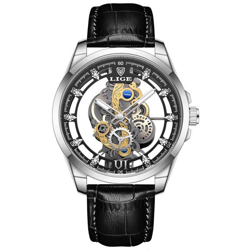 Silver black L_2023  Men Watch Skeleton Automatic Quartz Watch Gold Skeleton Vintage Man Watch Mens 