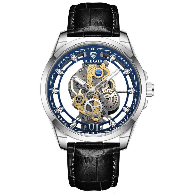 Silver blue L_2023  Men Watch Skeleton Automatic Quartz Watch Gold Skeleton Vintage Man Watch Mens W