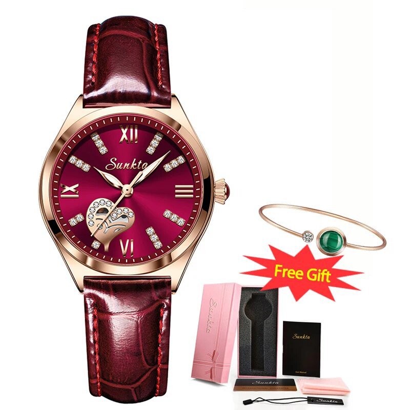 gold red_Sunkta Women Watches Leather Band Luxury Quartz Watch