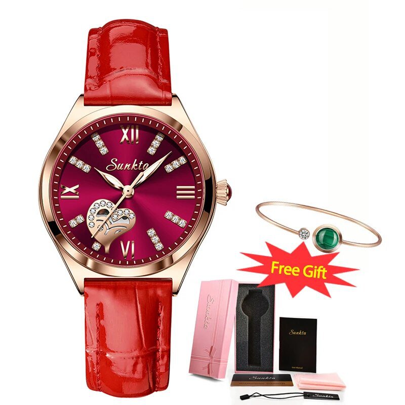 red_Sunkta Women Watches Leather Band Luxury Quartz Watch Waterproof Fashion Creative Wristwatch For