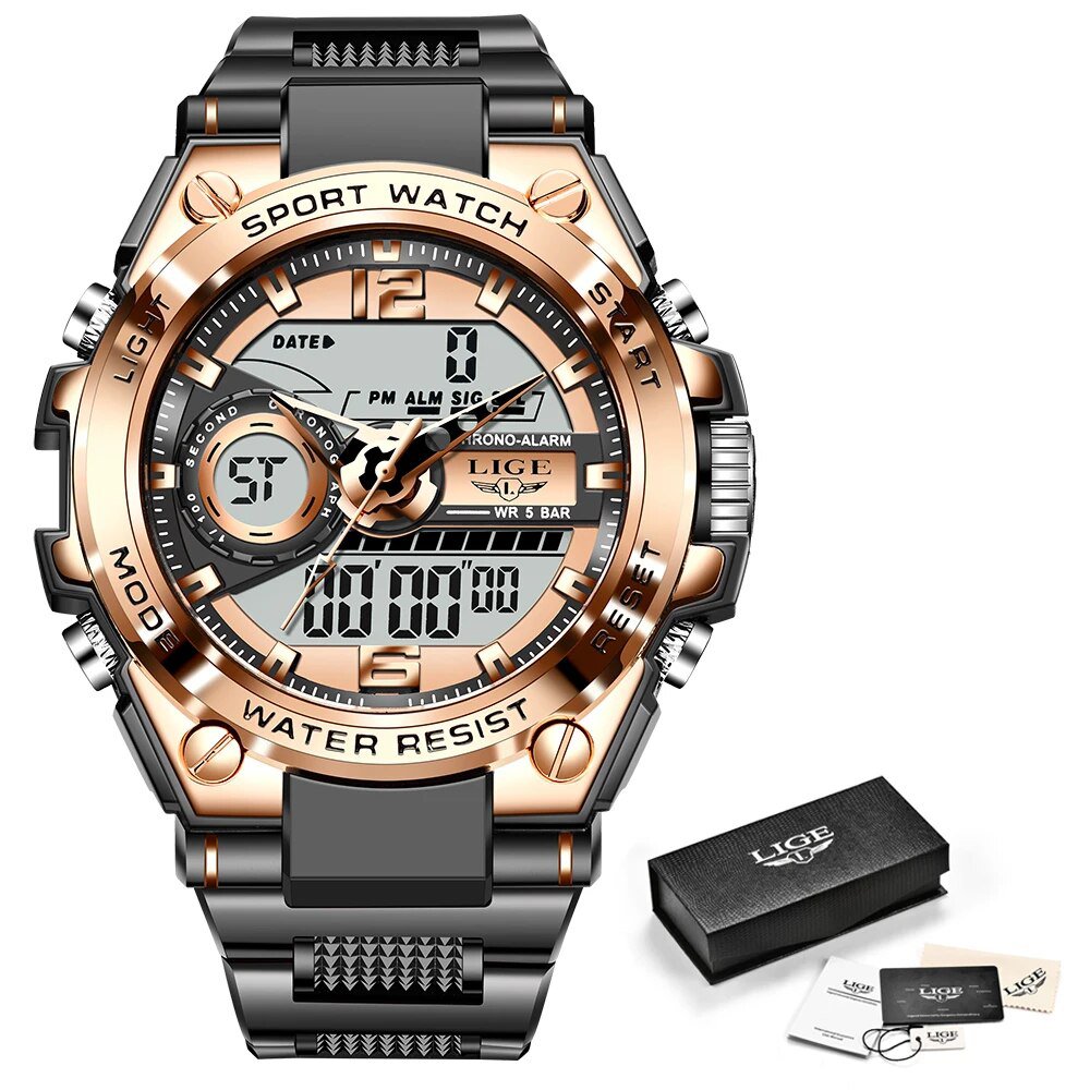 Black gold_2021   Men Watch Top Brand Luxury Fashion Dual Display Wristwatch Analog Digital Sport Wa