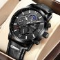 All black_2022  Moon phase Mens Watches  Top Brand Leather Waterproof Automatic Date Quartz Watch Fo