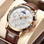 Rose gold white_2022  Moon phase Mens Watches  Top Brand Leather Waterproof Automatic Date Quartz Wa