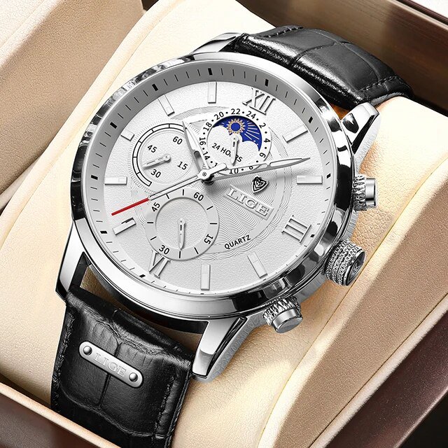 Silver white_2022  Moon phase Mens Watches  Top Brand Leather Waterproof Automatic Date Quartz Watch