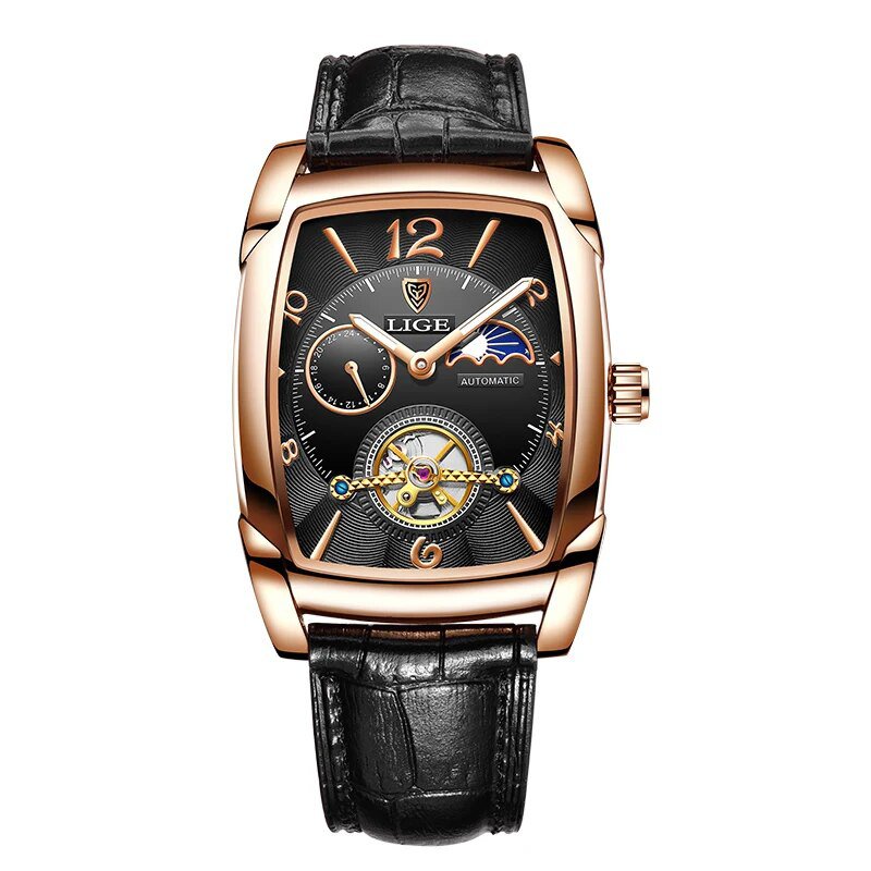 Gold black_2023 Men Automatic Mechanical Watch Men Luxury Tourbillon Square Leather Sport Watch Lumi