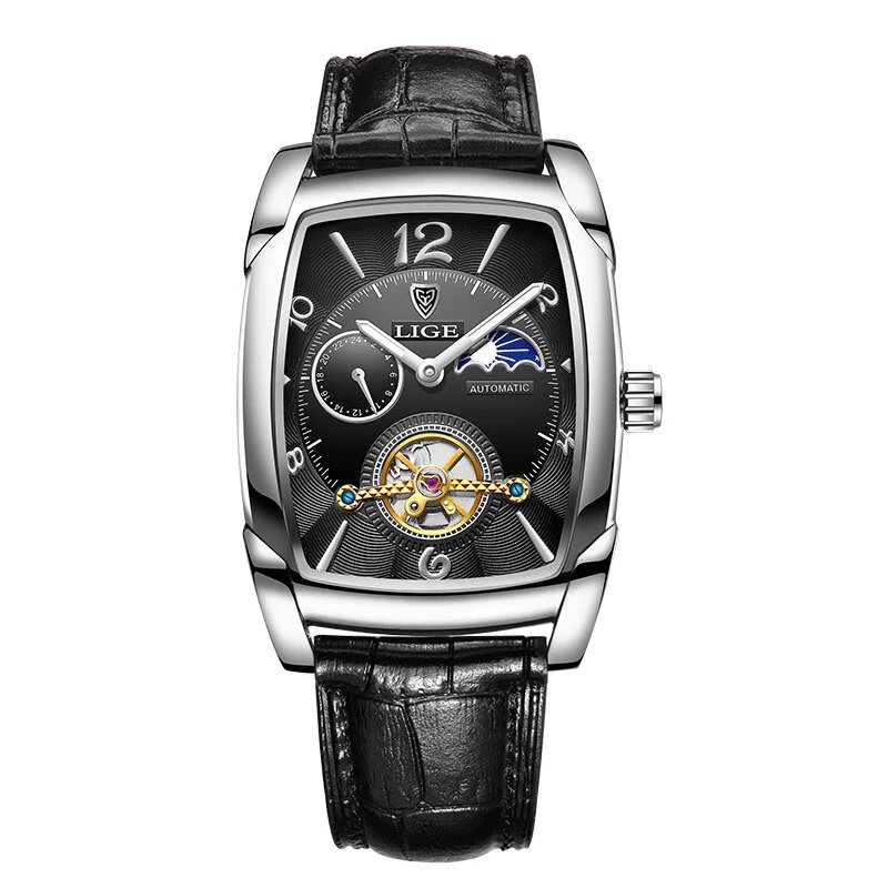 Silver black_2023 Men Automatic Mechanical Watch Men Luxury Tourbillon Square Leather Sport Watch Lu