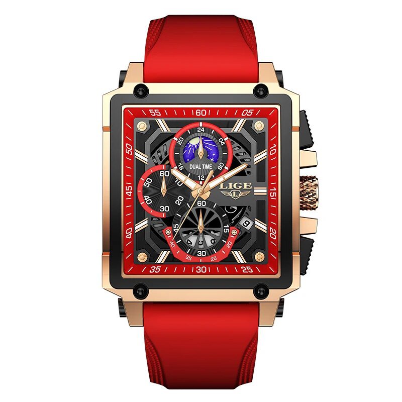 Gold red_Casual Men Watch Luxury Waterproof Luminous Chronograph Date Man Wristwatch Military Quartz