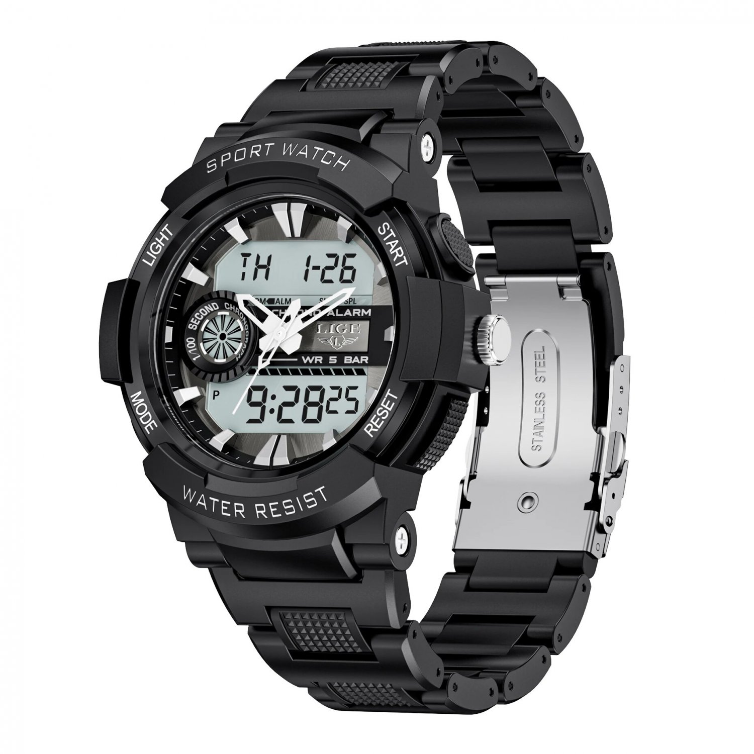 Silver black_Digital Men Military Watch 50m Waterproof Wristwatch LED Quartz Clock Sport Watch Male 