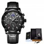 All black_2022 Top Brand Luxury casual Watches Leather strap Moon Phase Men clock Waterproof Luminou