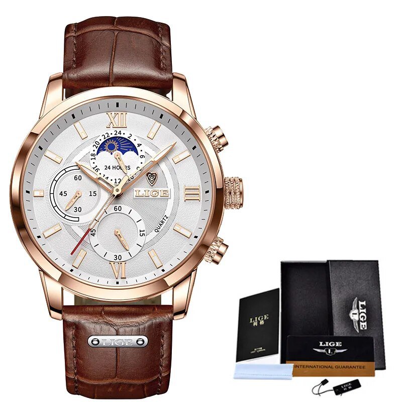 Rose gold white_2022 Top Brand Luxury casual Watches Leather strap Moon Phase Men clock Waterproof L