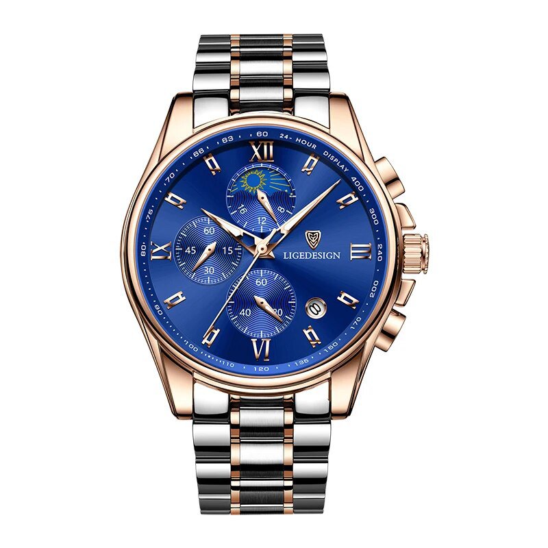 Gold blue_Men&acirc;��s Watches Top Brand Luxury Chronograph Quartz Men Watch Waterproof Sport Wrist Watch