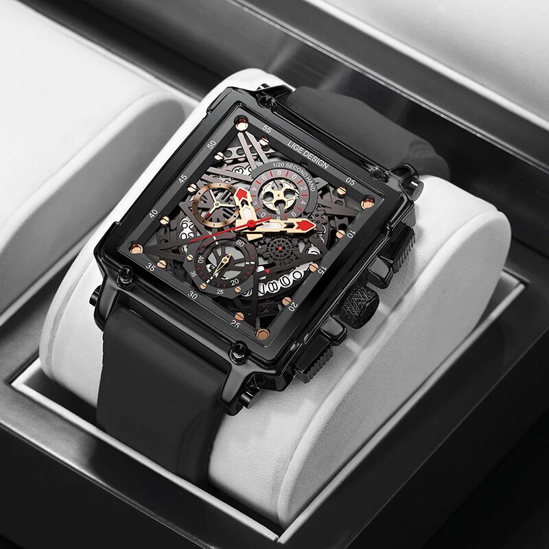 All black_2021  Men Watch  Top Brand Luxury Waterproof Quartz Square Wristwatche For Men Date Sport 