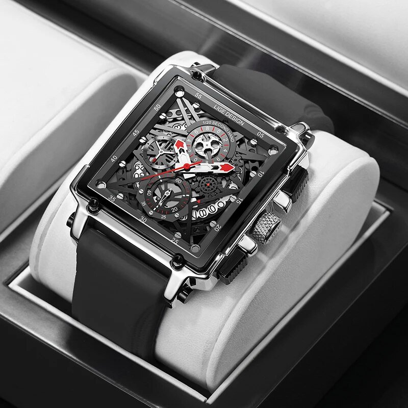 Silver black_2021  Men Watch  Top Brand Luxury Waterproof Quartz Square Wristwatche For Men Date Spo