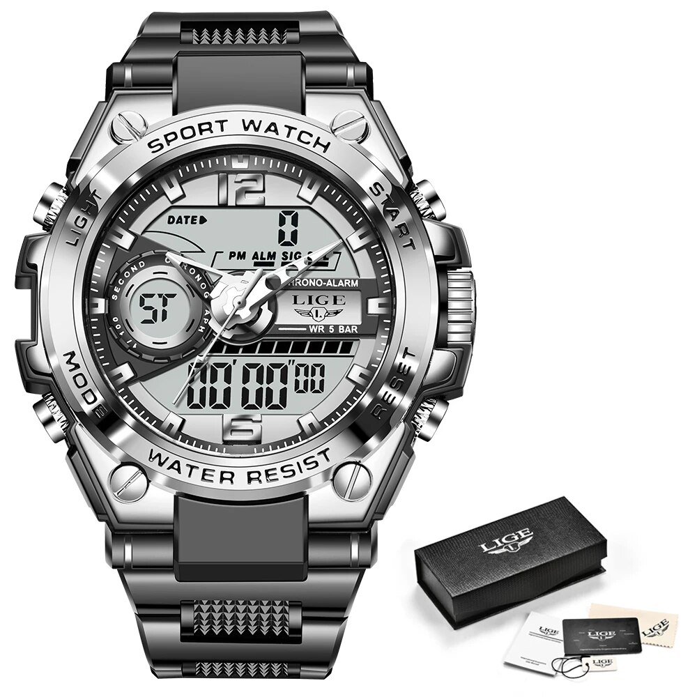 Silver black_2021 Luxury Mens Sport Watches Military Waterproof Digital Alarm Chronograph Quartz Wri