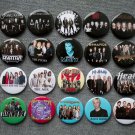 Pin button badges musical rock bands.  set of 20 pieces.
