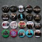 Pin button badges musical rock bands.  set of 20 pieces.